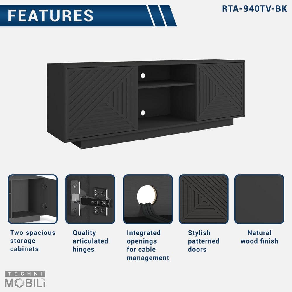 Black Particle Board TV Stand with Chevron Pattern Doors, 63"