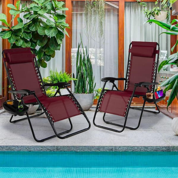 Alloy Steel Zero Gravity Adjustable Folding Reclining Outdoor Lounge Chair with Pillow and Cup Holder in Wine Set of 2
