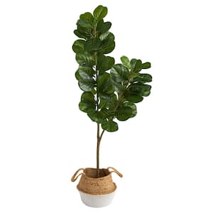 4.5 ft. Green Fiddle Leaf Fig Artificial Tree with Boho Chic Handmade Cotton and Jute White Woven Planter