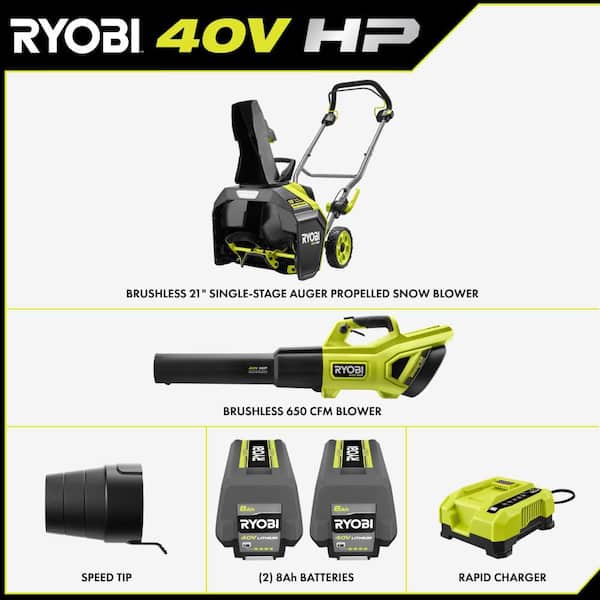 40V HP Brushless 21" Single-Stage Auger Propelled Snow Blower & 650 CFM Leaf Blower w/ (2) 8.0 Ah Batteries & Chargers