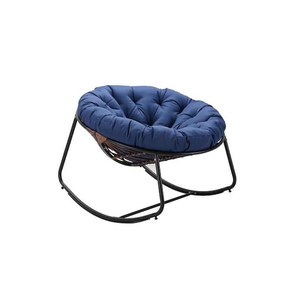 Runesay 40 in. W Grey Metal Outdoor Rocking Chair with Navy Blue Cushions