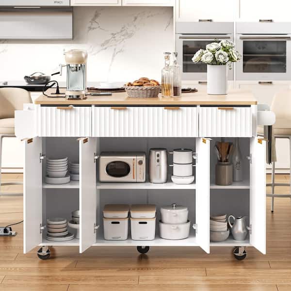 Ximuprmy Modern White Wood 55.5 in. Kitchen Island with Storage