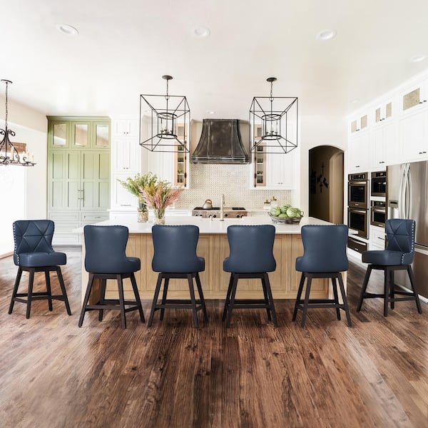 OrangeOne Hampton 26 in. Navy Blue Solid Wood Frame Counter Stool with Back Faux Leather Upholstered Swivel Bar Stool Set of 6