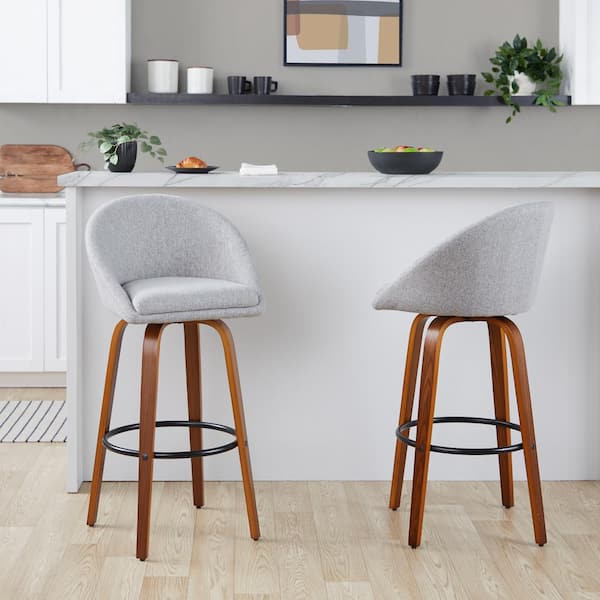 LumiSource Matisse Highback 29.75 in. Grey Fabric, Walnut Wood and Black Metal Fixed-Height Bar Stool (Set of 2)