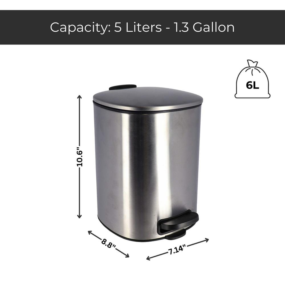 Large Chrome Metal Trash Can with Silent Soft Close Lid and Foot Pedal