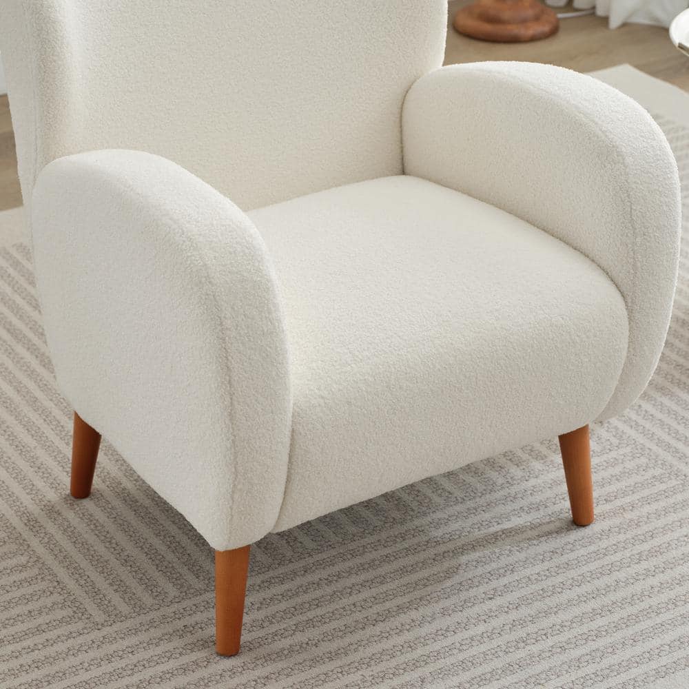 Beige Boucle Wingback Accent Chair with Wood Legs