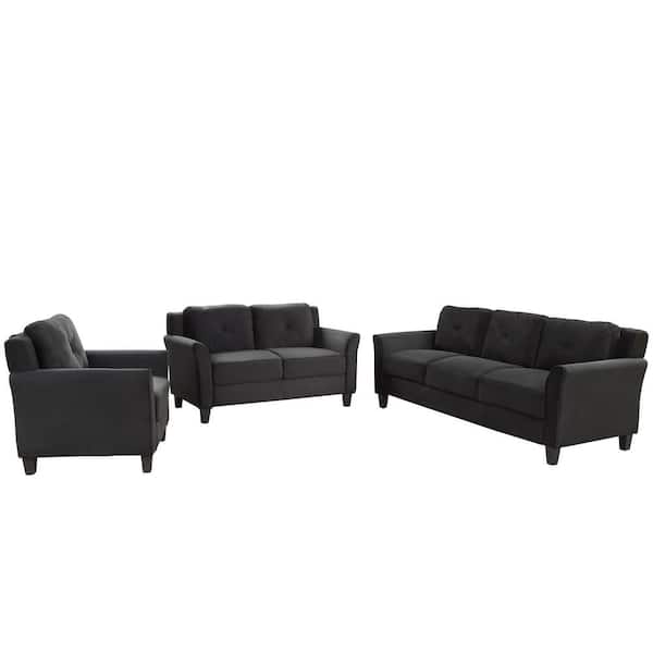 FORCLOVER 74.8 in. W Flared Arm Polyester Straight Sofa in Black with Loveseat and Armchair