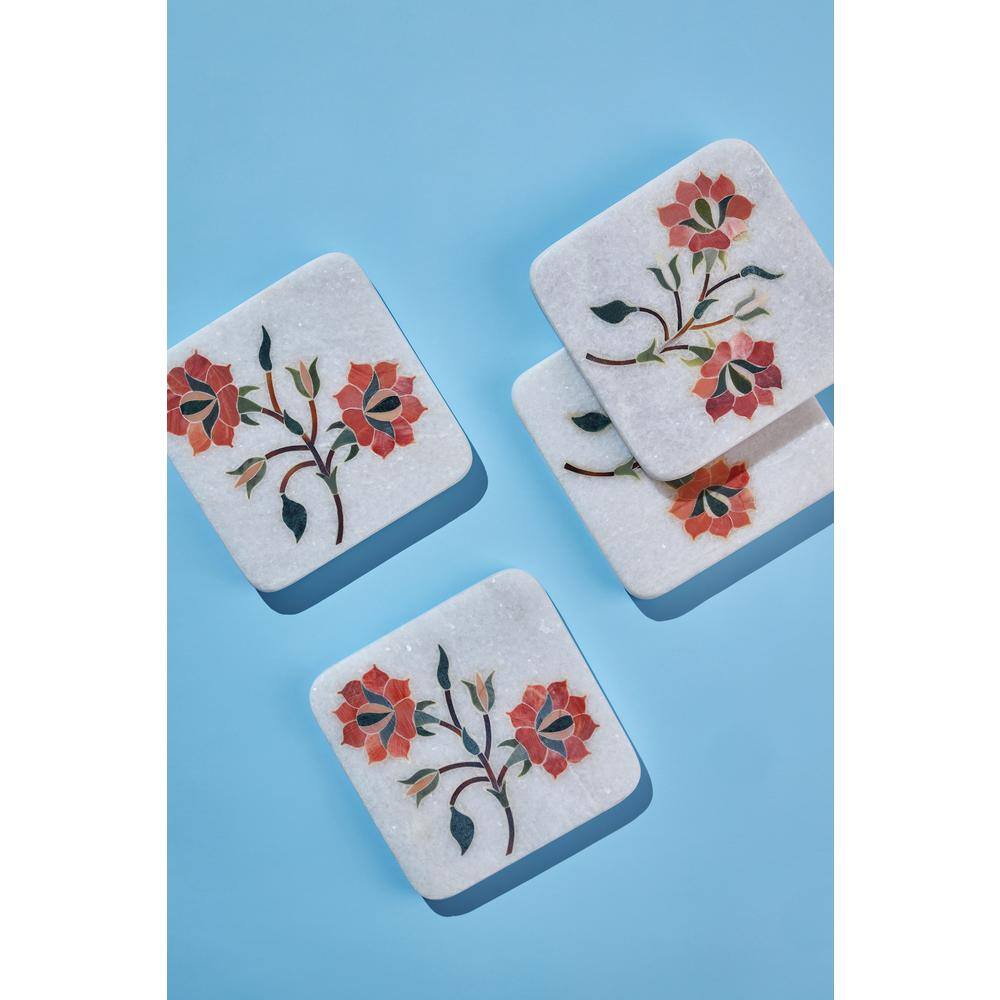 GAURI KOHLI Oriental Bloom White Marble Coasters (Set of 4) GK51031