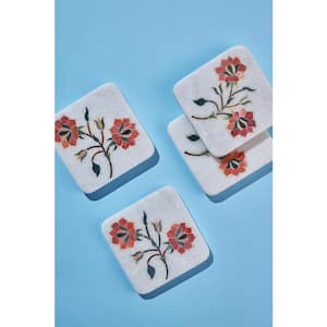 Oriental Bloom White Marble Coasters (Set of 4)