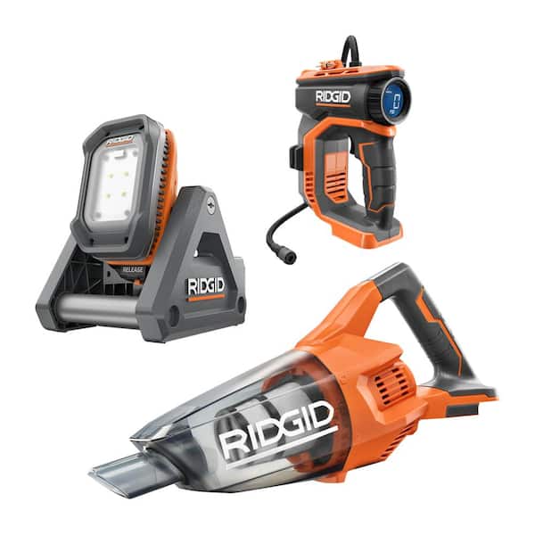 Ridgid 18V Cordless 3-Tool Combo Kit with Hand Vacuum, Digital Inflator and Flood Light (Tools Only)