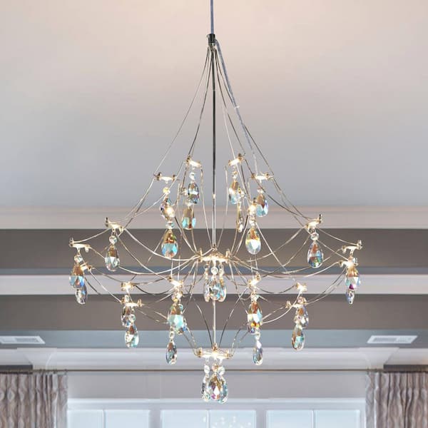 23.6" 30-Light Silver Luxury Round Crystal Chandelier, Modern Raindrop Chandelier for Dining Room, Living Room, Entryway
