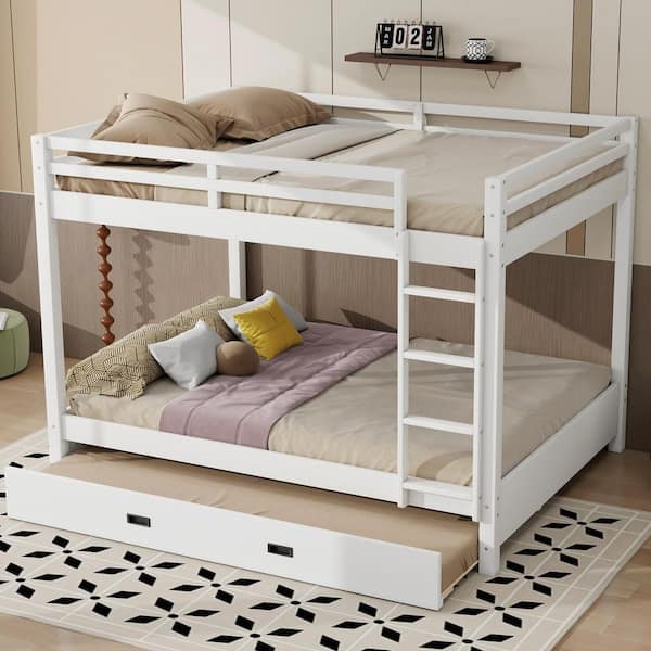 White Queen Size Bunk Bed with Ladder and Trundle