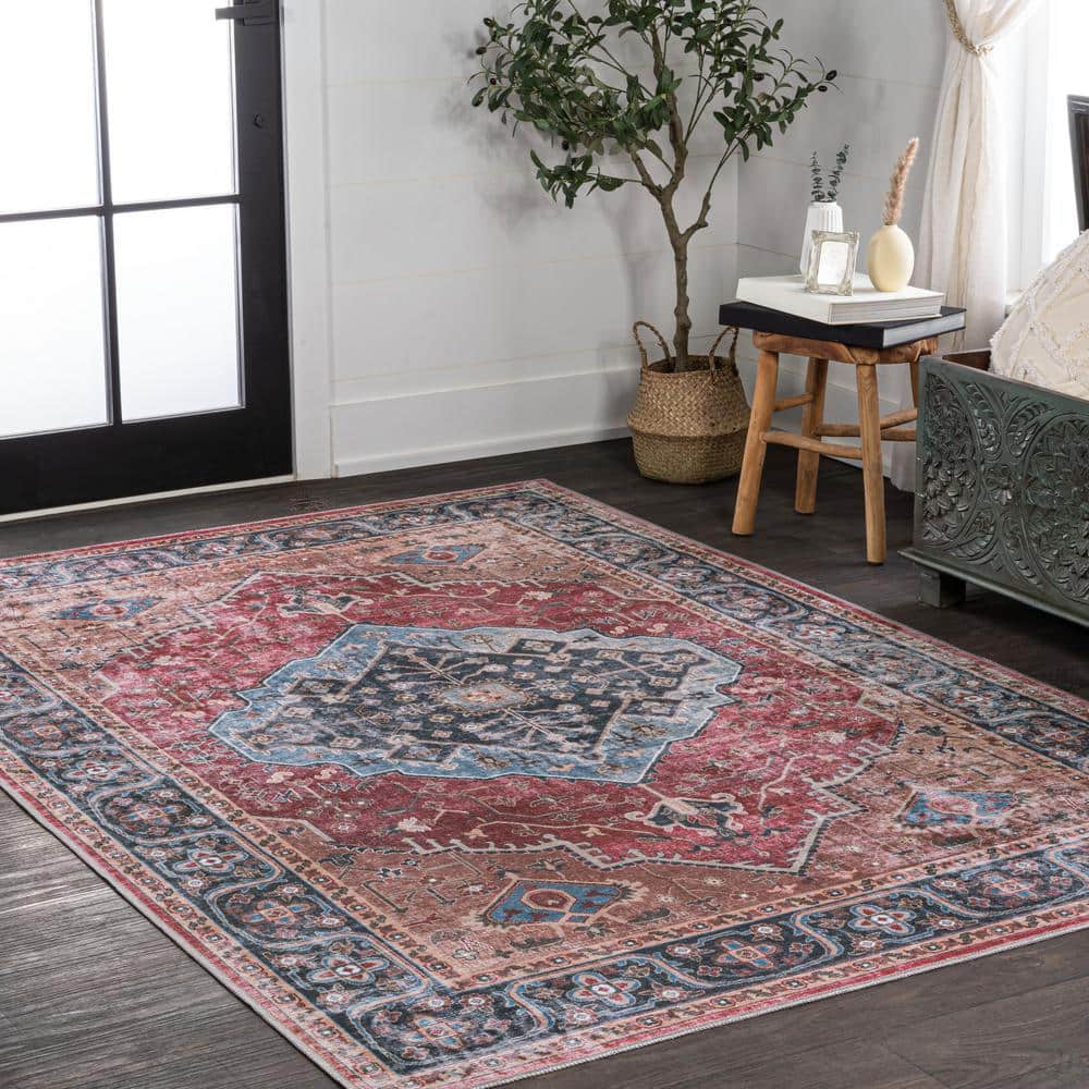 Red and Blue Medallion Washable Synthetic Area Rug 3' x 5'