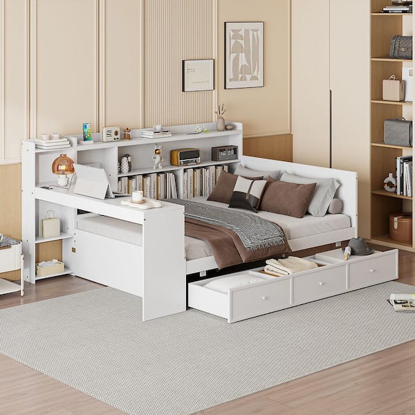 Harper & Bright Designs White Full Size Daybed with Built-In Desk, USB Ports, Storage Shelves and Drawers