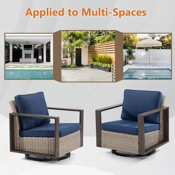 Wicker Outdoor Rocking Chair Patio Swivel Chair with Metal Frame and Dark Blue Cushions