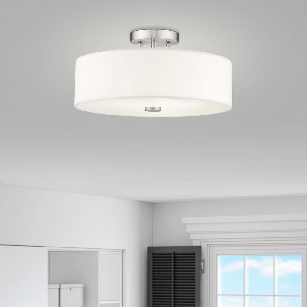 Brushed Nickel 3-Light Semi-Flush Mount with Off-White Shade