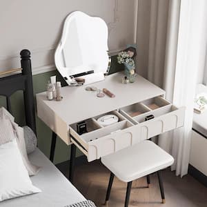 White, Black 31.5 in.1 Drawer Dresser with Mirror and Chair