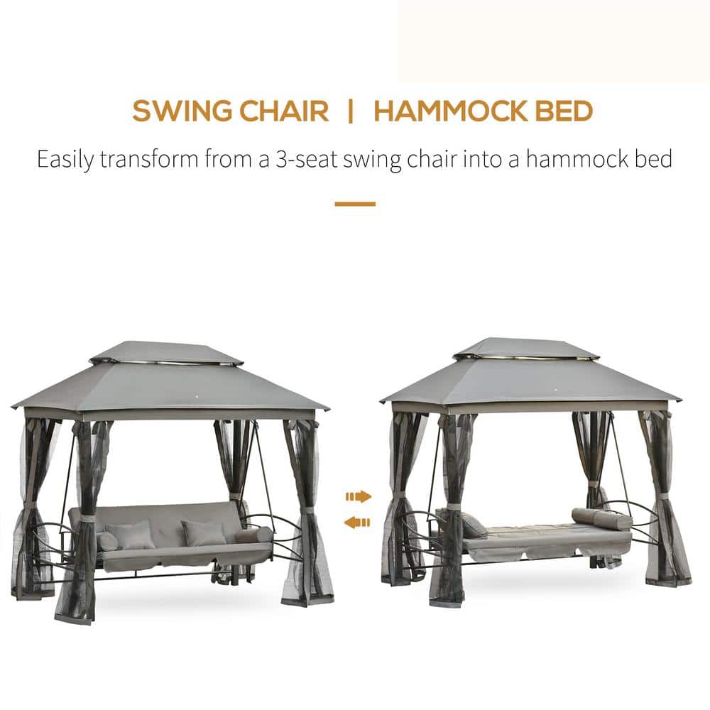 Gray Steel 3-Person Gazebo Swing Chair with Mesh Sidewalls