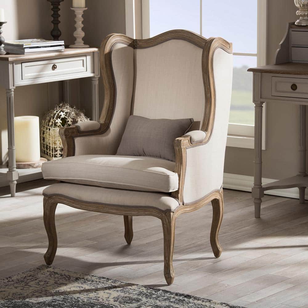 Majestic Beige Wingback Handcrafted Wood Accent Chair