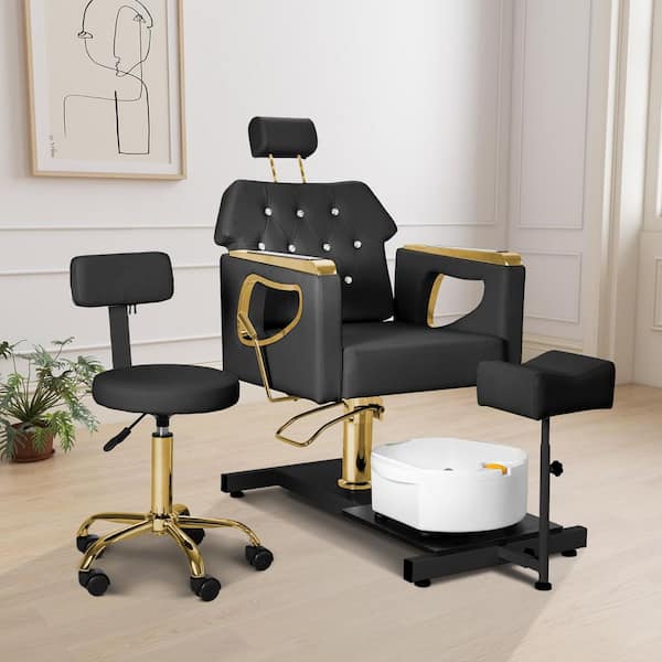 Gold Occasional Chair, Swivel Pedicure Chair Set with Footrest and Massage Foot Bath, Dual-Use for Home and Salon
