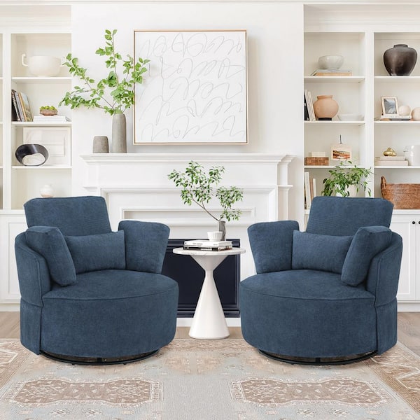 Nova Steel Blue Chenille Fabric Upholstered 360° Swivel Accent Chair Metal Base Barrel Chair with Pillow (Set of 2)