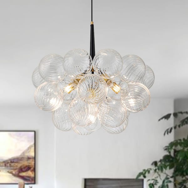 Neuvy 6-Light 24.8 in. W Gold Cluster Bubble Chandelier w/Black Leather, Swirled Ribbed Glass Globes and Bulbs Included