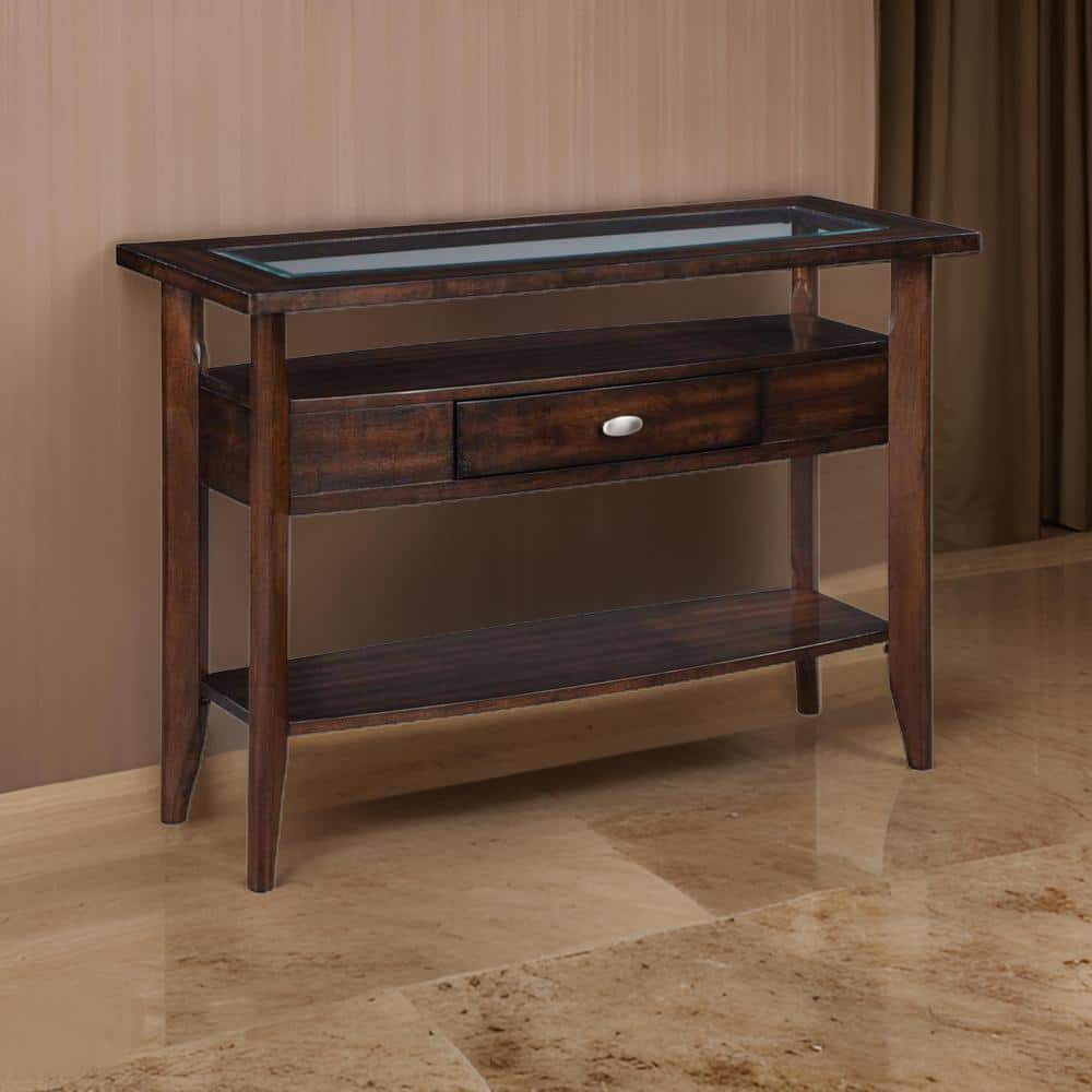 Benjara 17 in. Brown Rectangle Wooden Console Table with Glass Inset ...