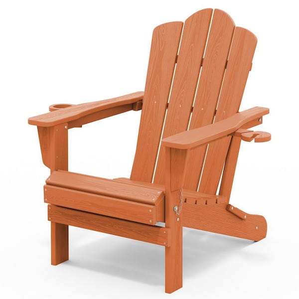 JEAREY Classic Outdoor HDPE Folding Plastic Adirondack Chair with 2 Cup Holders in Orange (Set of 1)