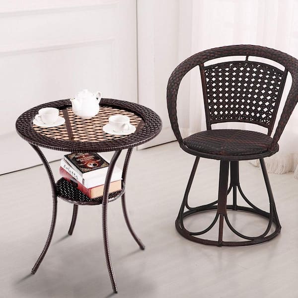 26 in. Dia PE Rattan Outdoor Bistro Table with Tempered Glass Tabletop and Lower Shelf