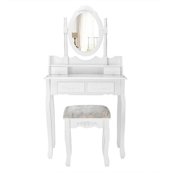 FORCLOVER 4-Drawer White Vanity Sets with 360° Rotatable Oval 