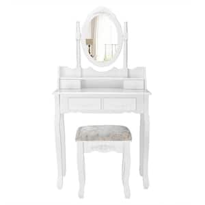 4-Drawer White Vanity Sets with 360° Rotatable Oval Mirror and Padded Stool