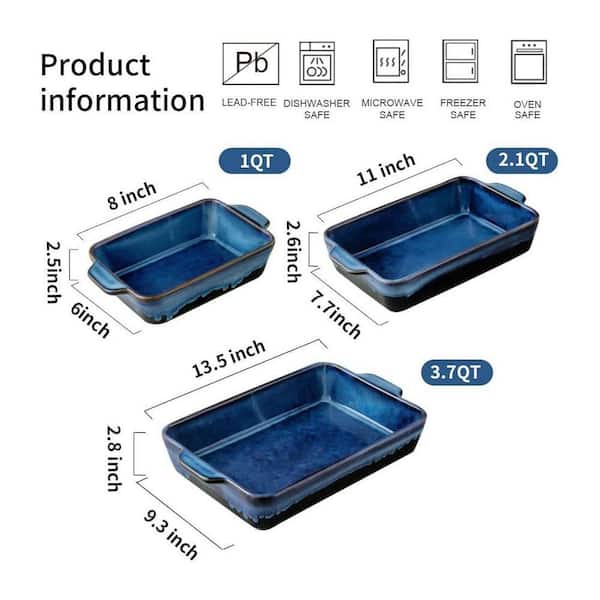 UUDULY Rectangular 3-Piece Ceramic Baking Dish Set Nebula Blue Reactive Glaze Stoneware Bakeware with Easy Clean - image 3
