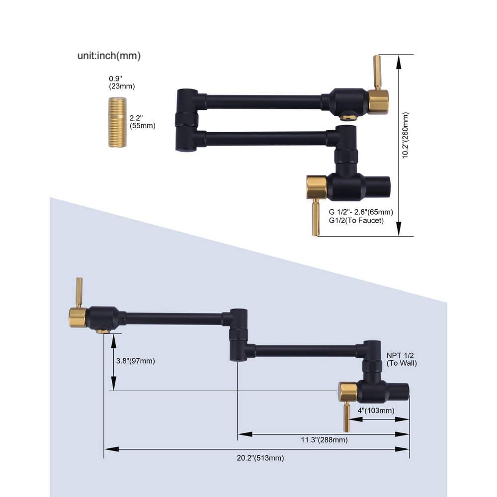 Matte Black and Gold Wall Mounted Pot Filler Faucet