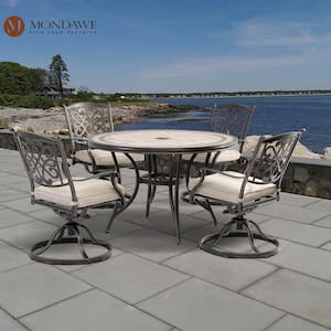 Charcoal Gray 5-Piece Cast Aluminum Round Outdoor Dining Set and Backrest Swivel Chairs with Beige Cushions