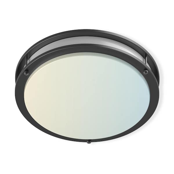 DYMOND 14 in. Matte Black Modern Double Ring Selectable LED Flush Mount Ceiling Light Fixture For Living Room Kitchen Bedroom