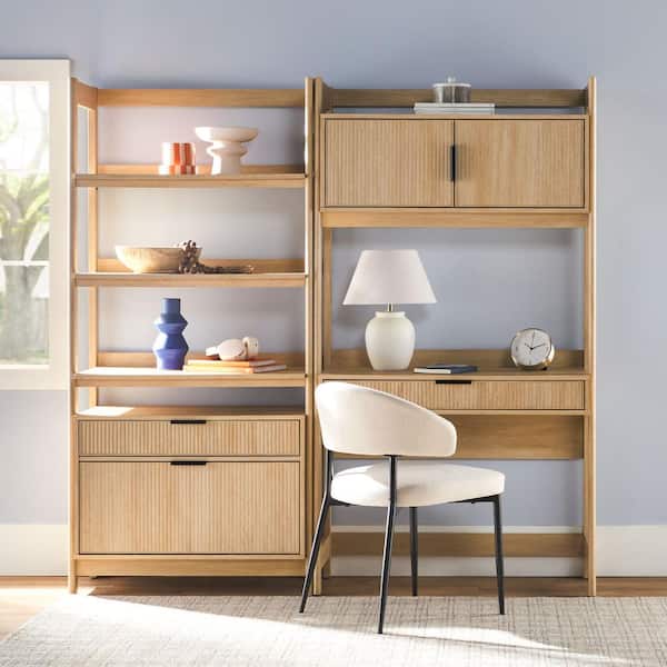 Walker Edison Furniture Company Transitional Coastal Oak Reeded 38 in. Hutch Desk with Wide Modern Bookcase (2-Piece)