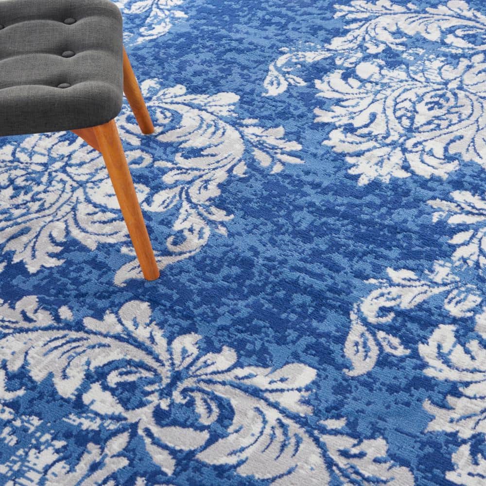 Ivory and Navy Floral Damask 8' x 10' Synthetic Area Rug