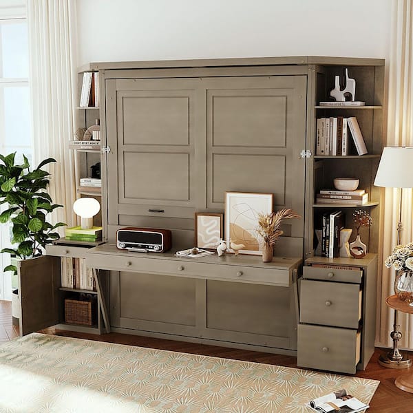 Light-Distressed Gray Wood Frame Queen Space-Saving Home Office Murphy Bed with Desk, Storage Shelves, Cabinets, Lights
