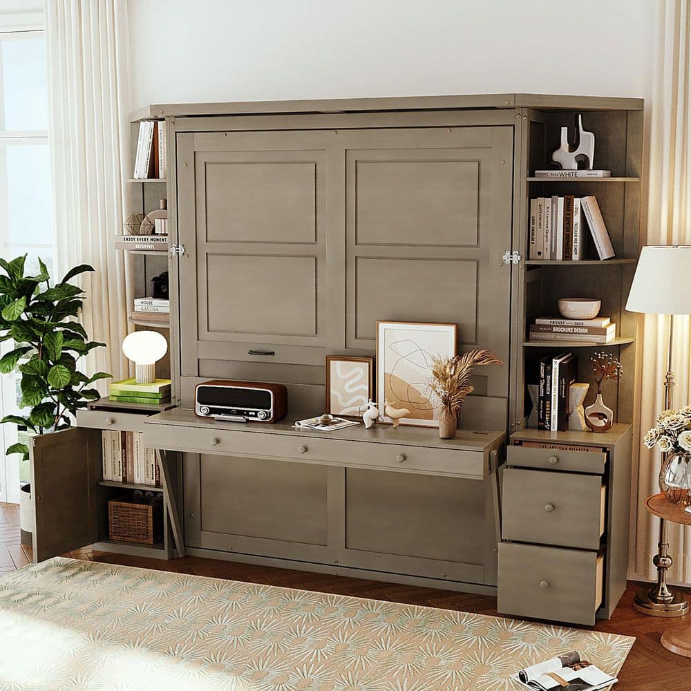 Light-Distressed Gray Wood Frame Queen Space-Saving Home Office Murphy Bed with Desk, Storage Shelves, Cabinets, Lights