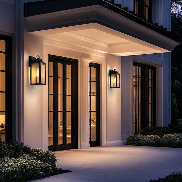 12.65 in. Black Outdoor Hardwired Wall Lantern Scone Light with Clear Seeded Glass, No Bulbs Included (2-Pack)