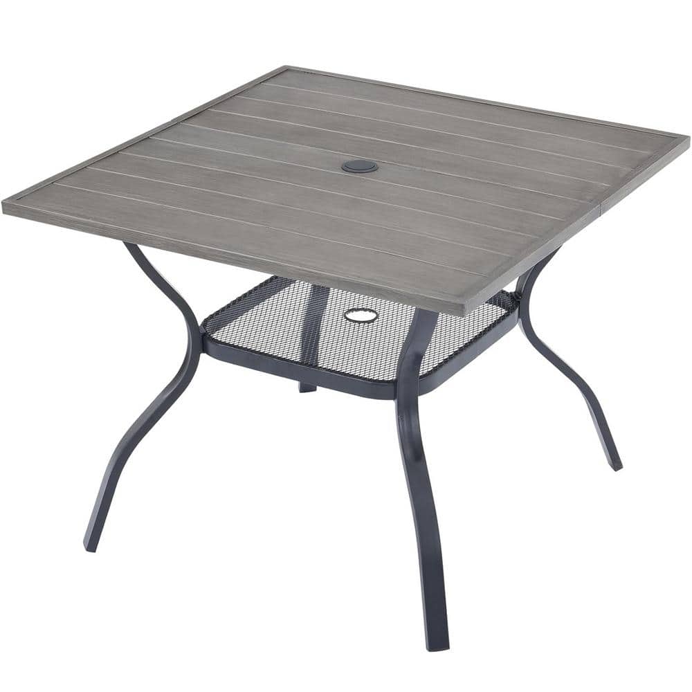 Square Metal Outdoor Dining Table with Umbrella Hole Grey Wood-like Tableto