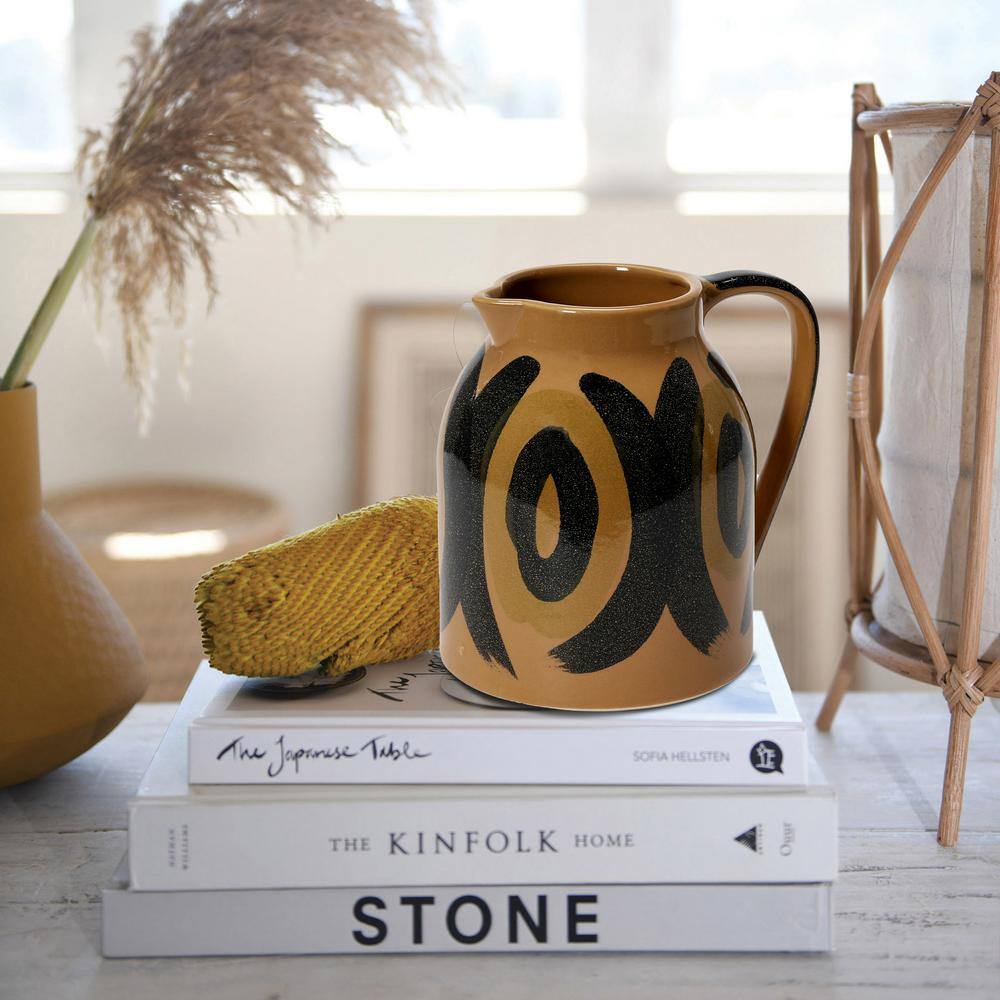 Hand-Painted Brown and Black Stoneware Pitcher with Handle