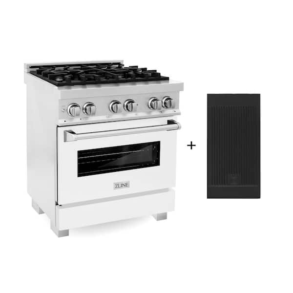 30 in. Legacy Dual Fuel Range with 4 Burners and Electric Oven in Satin Steel with White Matte Door and Griddle