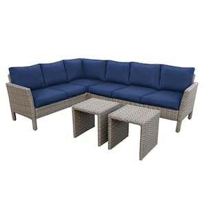 Canton 6-Piece Wicker Outdoor Sectional Set with Navy Cushions