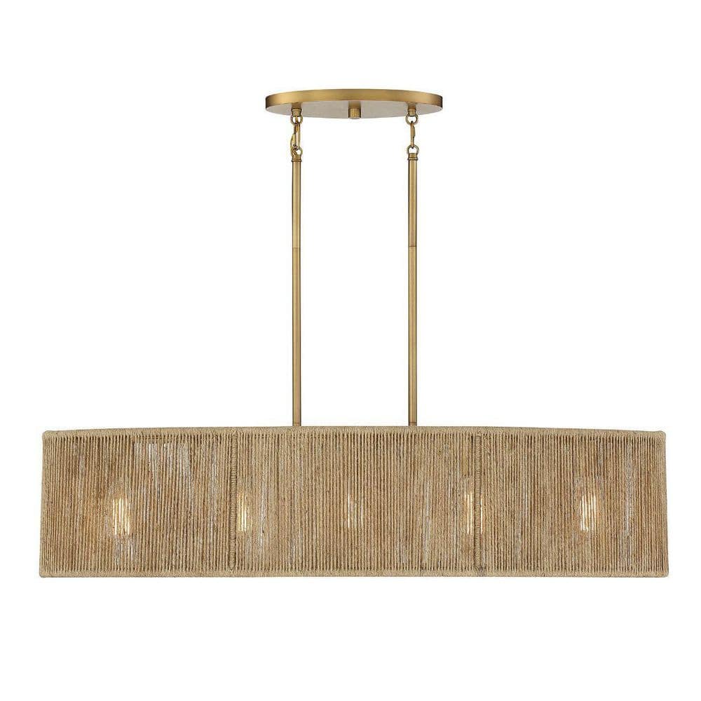 Warm Brass and Rope Textured 5-Light Linear Chandelier