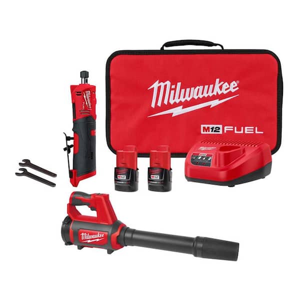 M12 FUEL 12V Lithium-Ion Brushless Cordless 1/4 in. Straight Die Grinder Kit w Two 2.0 Ah Batteries & M12 Spot Blower