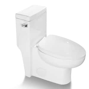 Ceramic 1-Piece Single Flush Left Side Flush Handle Elongated Toilet in Glossy White with Soft Clsoing Seat