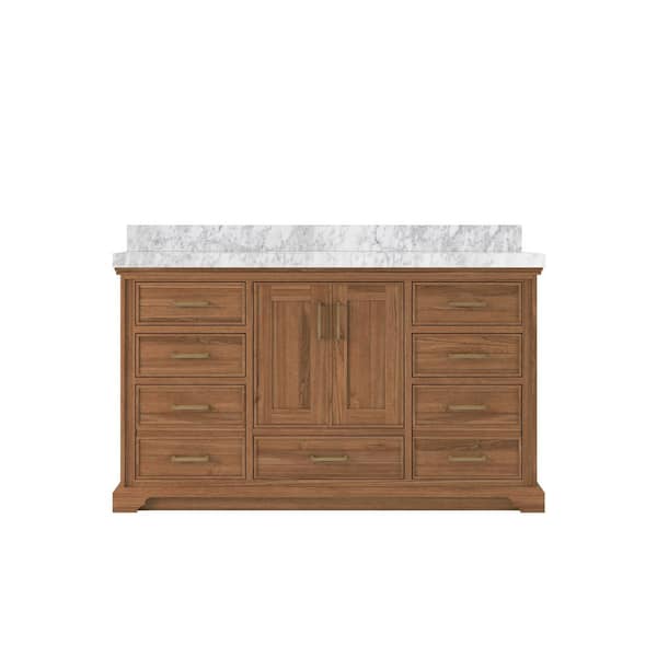 Willow Collections Charlotte Teak 60 in. W x 22 in. D x 36 in. H Single Sink Bath Vanity in Dark Natural with 2 in. Carrara Marble Top