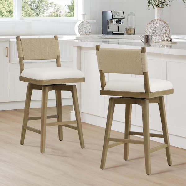 SPRUCE & SPRING Vortali 27.2 in. Fabric Wood Frame Bar Stool with Natural Woven Back (Set of 2)