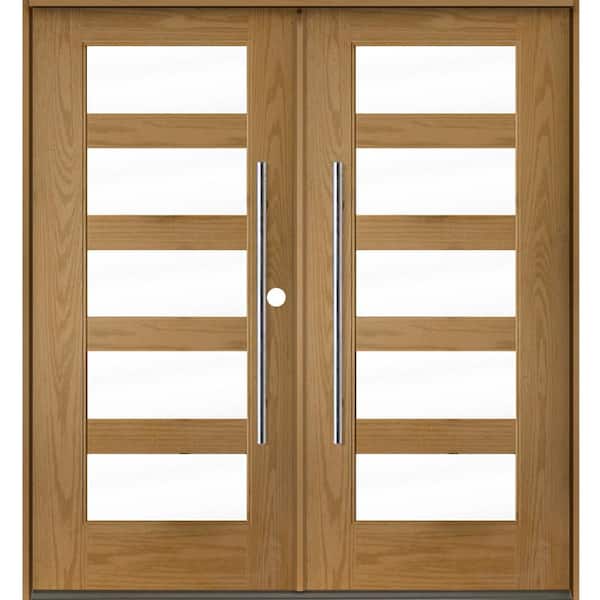 Faux Pivot 72 in. x 80 in. Left-Active/Inswing 5 Lite Clear Glass Bourbon Stain Double Fiberglass Prehung Front Door